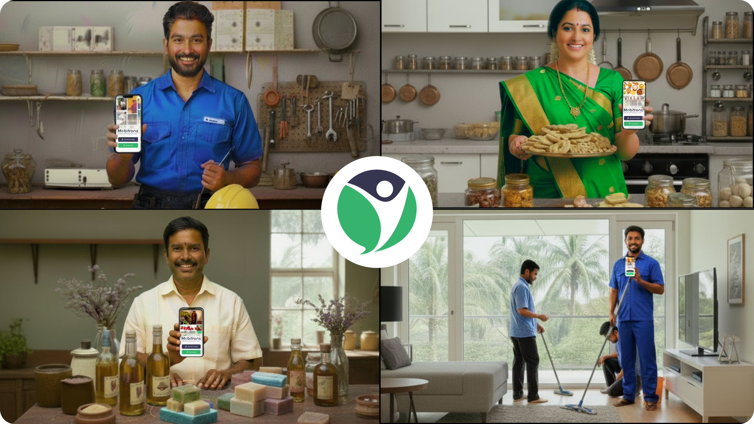 Mobitrons community collage showing sellers, service providers and customers using the app